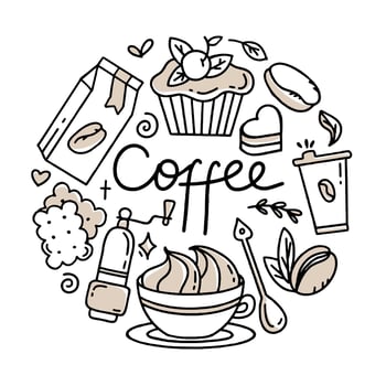 A set of elements for a coffee shop To use for posters banners postcards and packaging design Vector illustration in the style of hand drawn