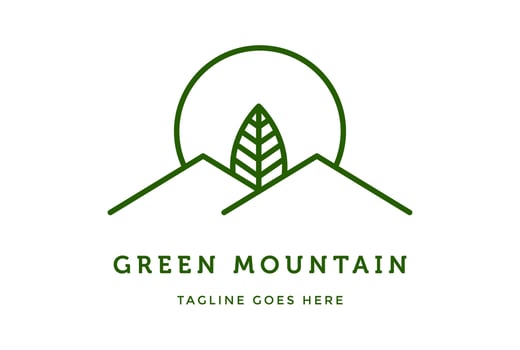 Simple Minimalist Landscape Hills Peaks with Natural Fresh Tree Leaf Vector logo design