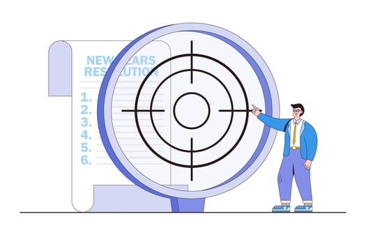 New years resolution, goal setting checklist, future mission, Creativity inspiration to improve and success concept. Businessman aiming list of business plan using sniper optical scope crosshair vector