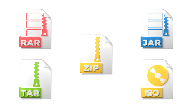 File format extensions. rar, zip, jar, iso, tar file format archive icons. Transparent background. 3D Rendering png