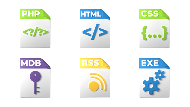File format extensions. php, html, css, mdb, exe, rss file format programmer icons. Transparent background. 3D Rendering png