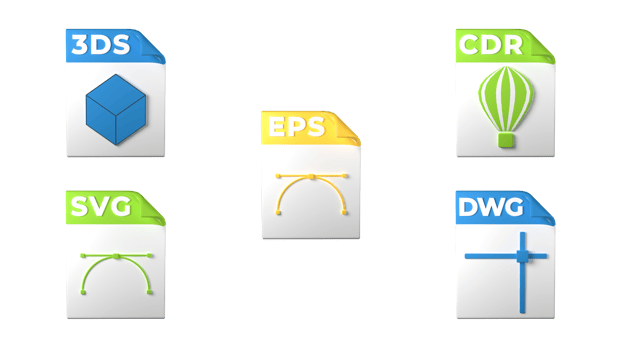 File format extensions. svg, eps, cdr, 3ds, dwg file format design icons. Transparent background. 3D Rendering png