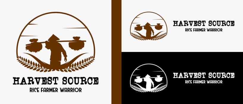 rice farmer logo design template or person carrying rice with rice silhouette and icon in circle. premium vector logo illustration