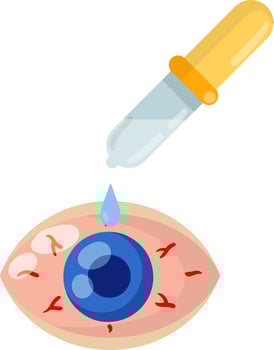Pipette and eyedropper. Flat Drop of water. Blue human pupil. Red eye disease. Medicine for blood vessels and Allergy Problems. Conjunctivitis and health vector