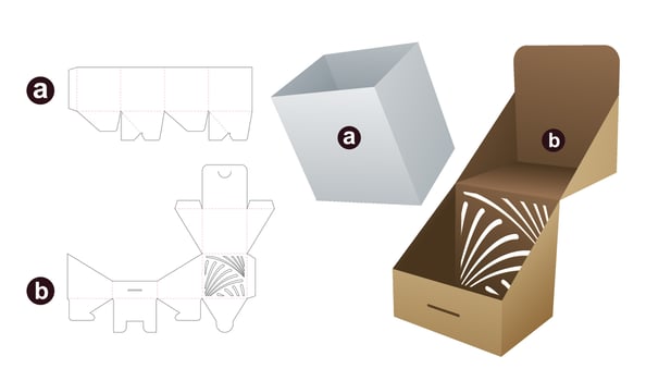 2 pieces flip box with stenciled line pattern die cut template and 3D mockup vector
