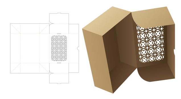 Cardboard folding box with stenciled luxury pattern die cut template and 3D mockup vector