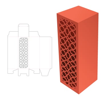 tall packaging with stenciled luxury pattern die cut template and 3D mockup vector