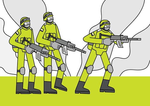 Soldiers in action hand drawn character illustration vector