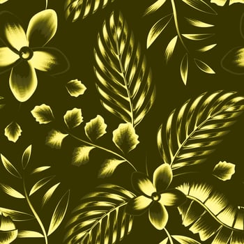 vintage frangipani flowers with elegance yellow color tropical banana palm leaves and foliage in monochromatic stylish on pastel background. vector prints design. fashionable fabric texture. Summer