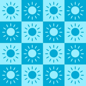 Seamless pattern vector illustration design. Sun shine within a blue shade color square block. Fabric, paper, printing, gift, cloth, cover concepts.