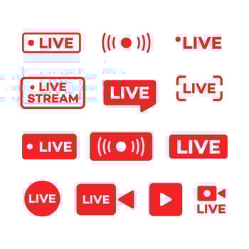 Online video broadcasting icon set vector illustration. Set of red buttons and symbols live streaming icons, different styles. Design element for decoration TV, video, and live performances