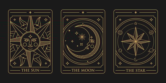 tarot deck card set Illustration. the sun, the moon and the star golden tarot card vector. Vintage mystic sun, moon and star tarot card in ornamental line art style vector