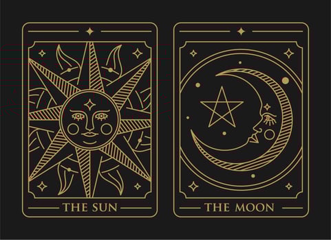 tarot deck card set Illustration. the sun, the moon and the star golden tarot card vector. Vintage mystic sun, moon and star tarot card in ornamental line art style vector