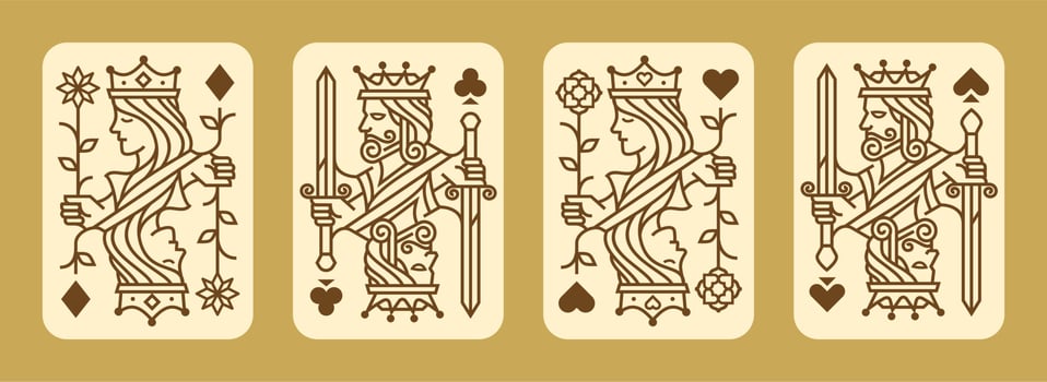 set of King and queen playing card vector illustration set of hearts, Spade, Diamond and Club, Royal cards design collection