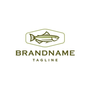 trout salmon label logo. fresh fish Salmon or trout. product label Vector illustration emblem or logo template. Vintage design with fish drawing. Line art style.