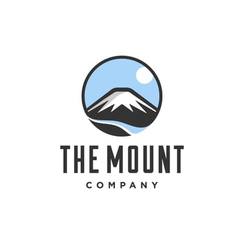 mountain logo. mountain landscape with river, sky and sun Illustration badge logo design. natural scenery of winter mountain in circle border frame badge. vector