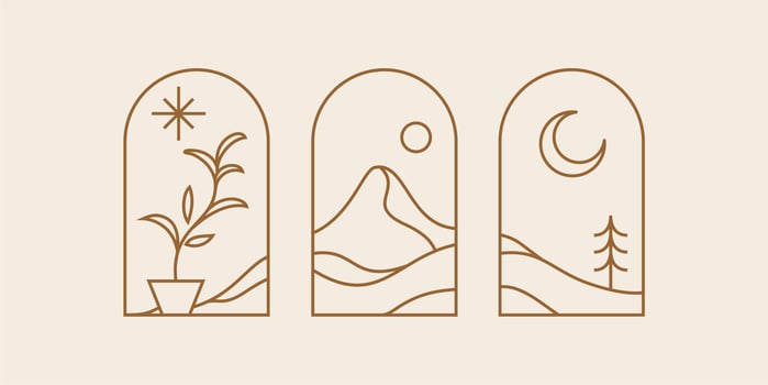 mountain hill landscape Bohemian line illustration logo art, icons and symbols, sun and moon, tropical plant arch window design geometric abstract design elements for decoration. vector