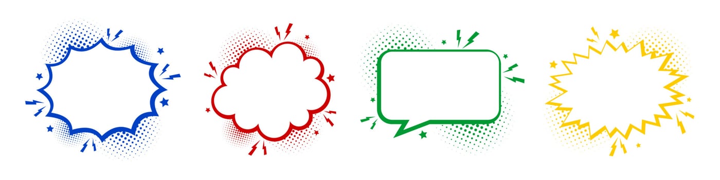 Empty comic speech bubbles with halftone shadow, Retro comic explosions, Vintage design element, pop art style vector