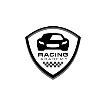 Racing course logo vector. racing car design in an emblem shield Illustration, secure driving car shield academy logo. license driving academy vector