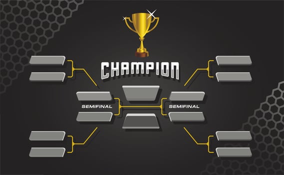 black and gold elegant sport game tournament championship contest stage layout, double elimination bracket board chart vector with champion trophy prize icon illustration background