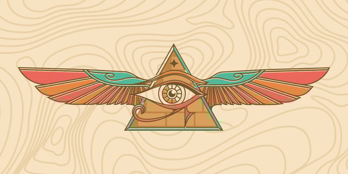 eye of horus with Sacred scarab wings wall art design in outline simple minimal design vector