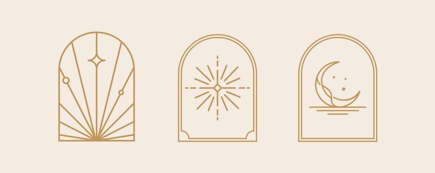 Bohemian line logo art, icons and symbols, sun and moon, arch window design geometric abstract design elements for decoration vector