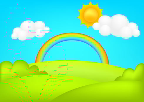Meadow 3d vector illustration. Fantastic landscape with rainbow on green valley kids background. Colorful cute scenery with rainbow, spring green grassland, blue sky, sun, cloud for children's sites.
