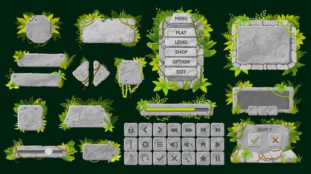 Stone game interface, buttons and UI elements vector