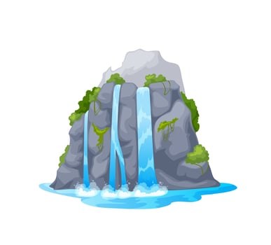 Cartoon water cascade, isolated mountain waterfall vector