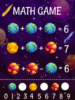 Math game worksheet with cartoon planets, comets vector