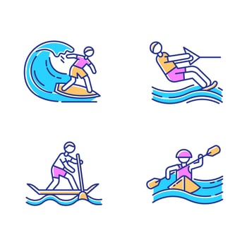 Watersports color icons set. Surfing, water skiing, rafting and sup boarding. Extreme kinds of sports. Summer vacation leisure, adventures. Ocean beach activities. Isolated vector illustrations