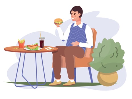 Man eating fastfood. Unhealthy eating. Hamburger, hot dog, french fries. Fat. Harmful food. vector