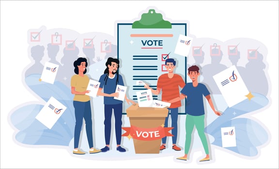 People voting at the elections. Group of voters with ballot papers making a choice. Electorate flat vector illustration. Referendum.