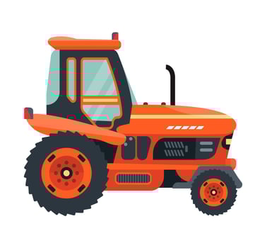 Orange tractor isolated. Icon. Vehicle used in farming and agriculture. Field work. Heavy machinery. Flat vector illustration.