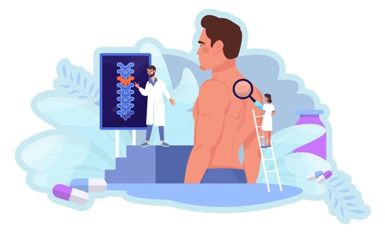 Osteopathy concept. Man with spine pain at the osteopathic session. X-ray screening. Doctor is examining patient's spine. Back pain. Physician appointment. Giant patiens and tiny doctors. vector
