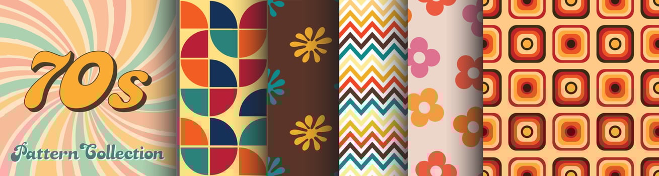 Collection of Seamless Patterns in 70's style, Boogie decade, retro graphics, vintage set of fabrics for apparel, fashion designs vector
