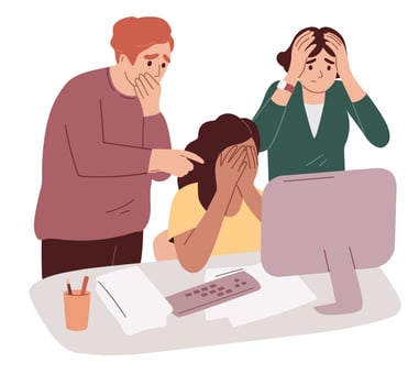 Woman employee made mistake at work. Stressed workers. Fatigue and anxiety at workplace. Deadline. Dismissal. vector