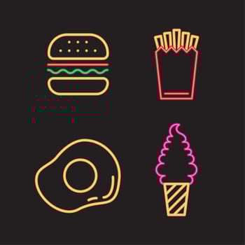 four neon food icons vector