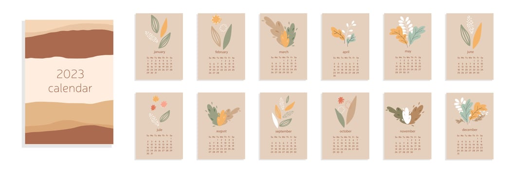 Calendar 2023 A4 with abstract leaves and flowers on pastel background. Week start from Sunday. Vector illustration