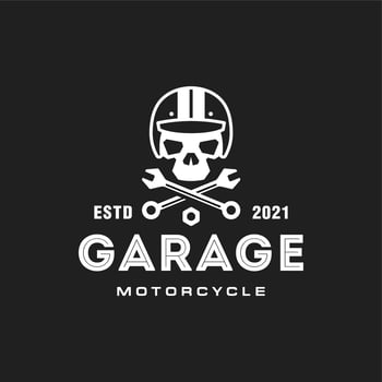 hipster classic garage logo, skull wearing helmet motorcycle club logo vector icon in black background. vintage retro style custom skeleton logo
