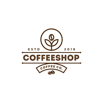 classic coffee bean and leaf branch natural line stamp logo vector icon design in vintage hipster modern beautiful style, premium coffee shop bar icon