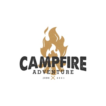 summer camping logo, hot campfire logs on hand drawn stamp effect vector illustration. Vintage grunge texture for poster and banner