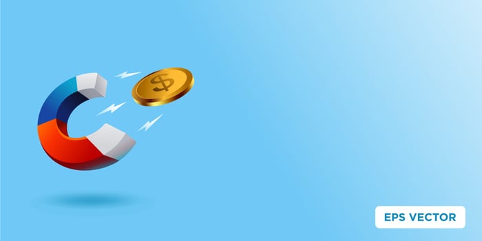 magnet attracts coin. magnet and money golden coin vector in 3d realistic illustration landing page, copy space concept for finance attracting investments