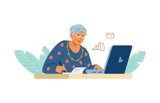 Senior woman working on laptop paying bills online, managing business remotely. Flat vector illustration. Isolated on white.