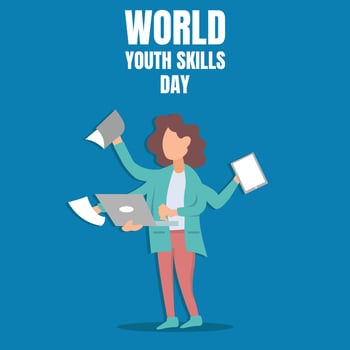 illustration vector graphic of a working staff holding a laptop and other work tools, perfect for world youth skills day, celebrate, greeting card, etc.