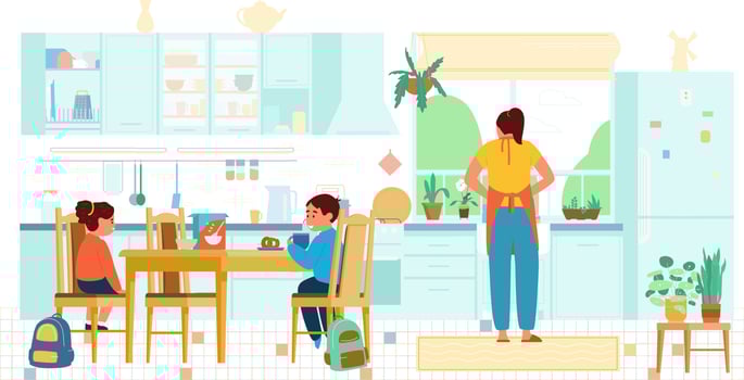 Flat Vector Illustration Of Children Having Breakfast Before School Mother Washing Dishes In The Kitchen. Kitchen Interior With Wooden Furniture, Window, Fridge, Plants, Table With Chairs.