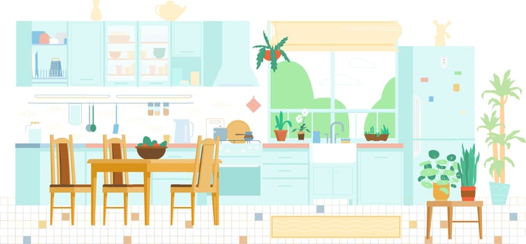 Kitchen Interior Background Flat Vector Illustration. Wooden Furniture, Table With Chairs, Window, Plants, Stove, Utensils, Fridge, Shelfs, Sink, Plate Rack.