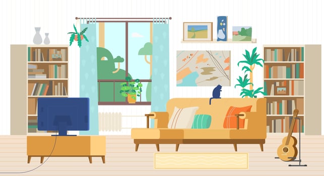 Cozy Living Room Interior Flat Vector Illustration. Couch With Pillows, Tv,  Guitar, Bookcases, Paintings, Decoration Elements.