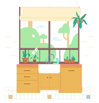 Cozy Kitchen Interior. Window With Plants, Sink, Wooden Cabinets. Flat Vector Illustration.