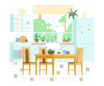 Cozy Kitchen Interior Flat Vector Illustration. Wooden Furniture, Table With Chairs, Window, Plants, Stove, Utensils, Fridge, Shelfs, Sink, Plate Rack.